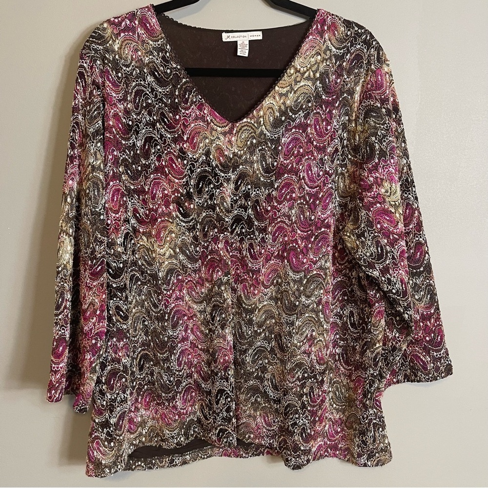JM Collection Long Sleeve Size 3X Top V Neck Blouse Pink Brown Office Fall